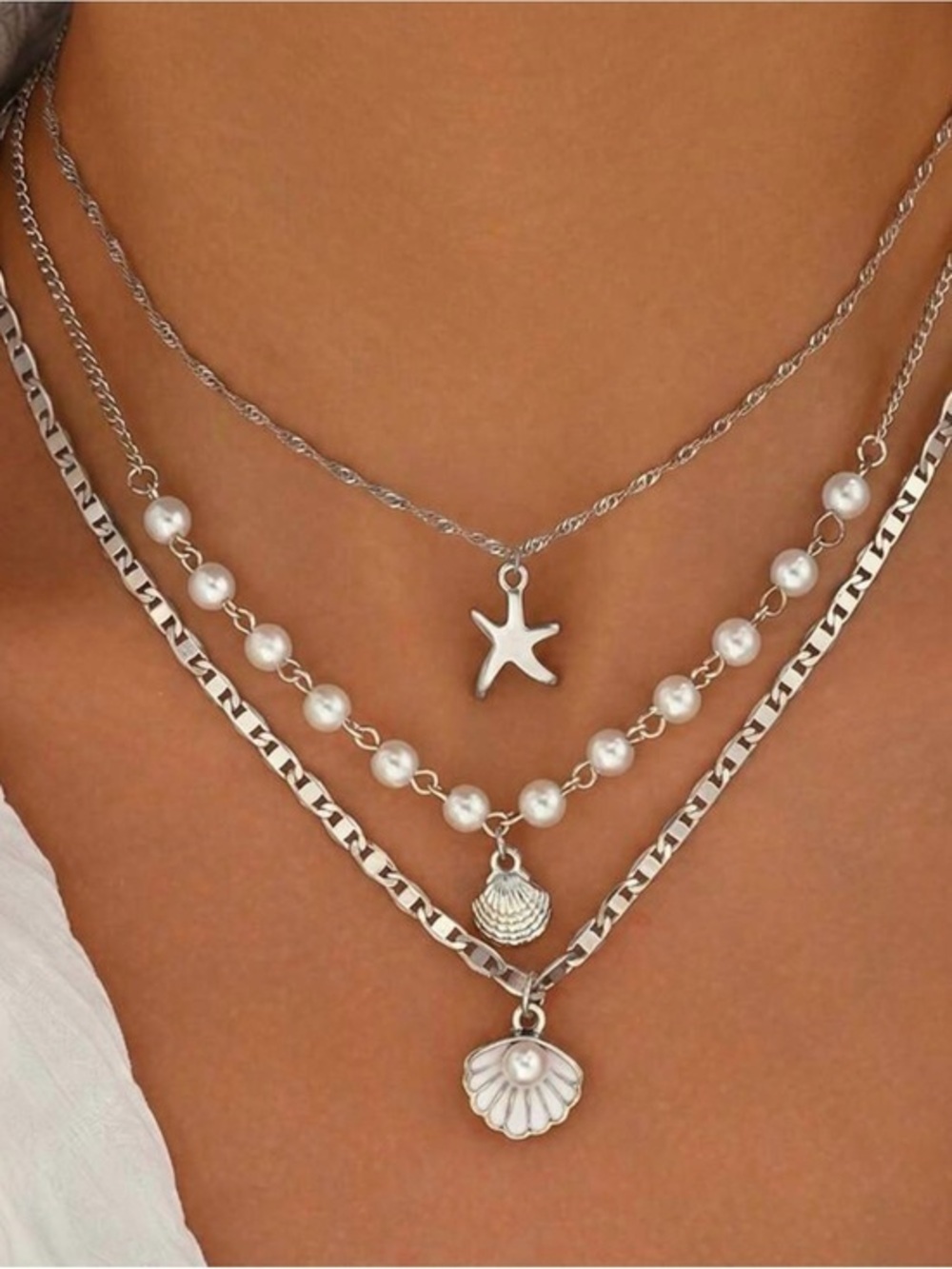 Silver Pearl Shell Necklace Set